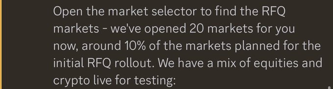 Text on a dark background explains opening market selectors for RFQ markets, noting 20 markets open with a mix of equities and crypto for testing.
