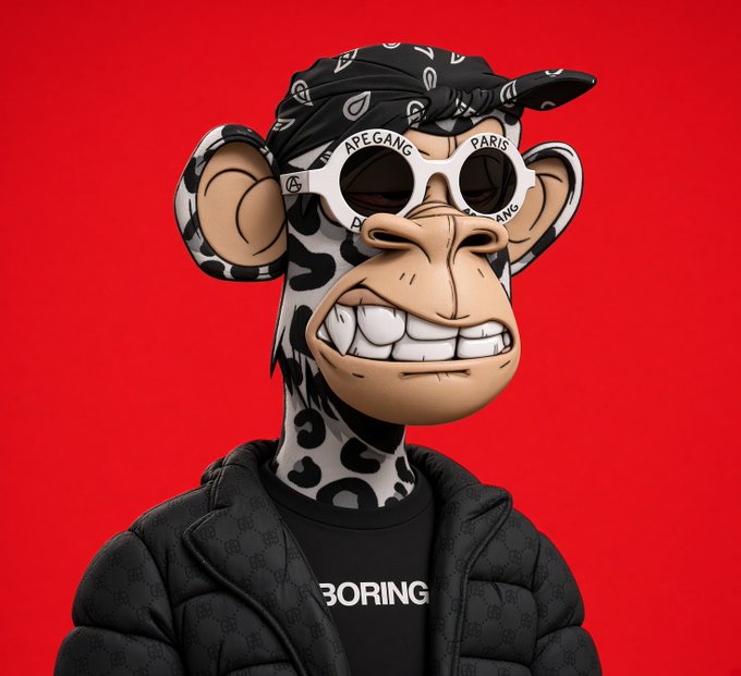 A 3D-rendered monkey character with a leopard-print face and bandana, wearing white sunglasses that say "APE GANG PARIS" and a black Gucci jacket over a "BORING" t-shirt.