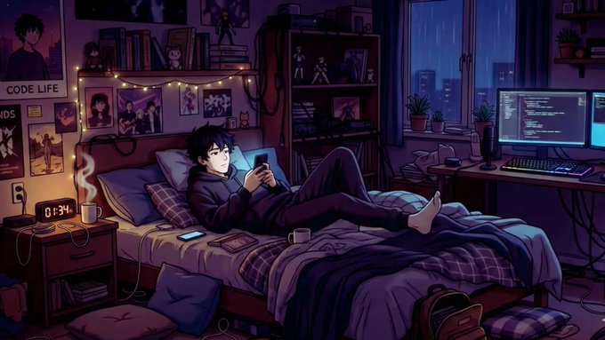 An anime-style illustration shows a person lounging on a bed in a cozy, dimly lit bedroom at night, scrolling on a phone with glowing screens from a coding setup (displaying "CODE LIFE" and "01:34" on a bedside clock) visible nearby. The nighttime coding scene complements the post's "Good Night Buddy's, See you tomorrow" message, suggesting a late-night developer winding down.