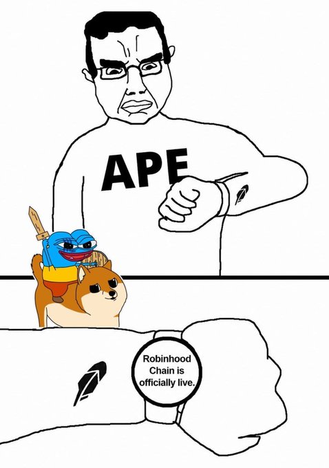 An angry cartoon figure wearing an "APE" shirt glares at his Robinhood watch, which announces "Robinhood Chain is officially live," while small Pepe and Doge mascots stand nearby — humorously depicting an impatient degen anxiously awaiting the launch of Robinhood's new L2 mainnet.