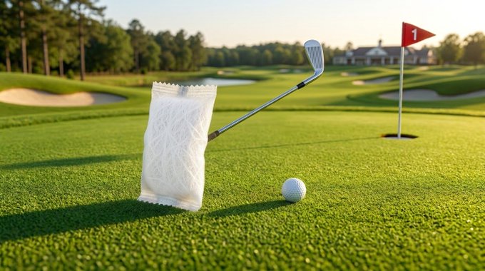 Surreal image of a golf green featuring a sand wedge club, a golf ball, and what appears to be a paper sandbag standing upright near a hole marked with a red flag bearing the number "1".