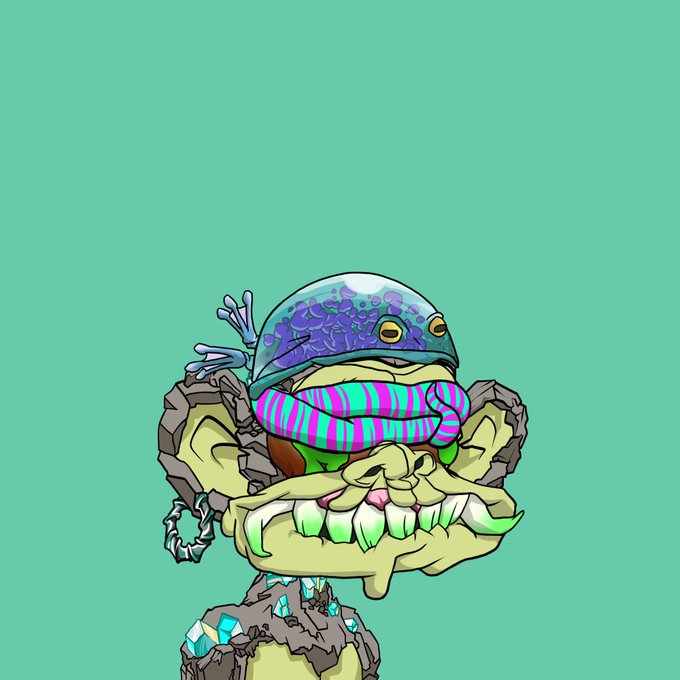 A cartoon illustration of a colorful frog-like creature with a large mouth, displayed against a solid teal background.