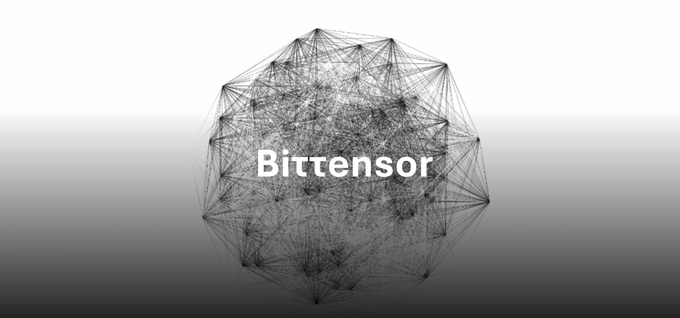 The image features the text "Bittensor" overlaid on a geometric, web-like spherical structure made of interconnected nodes, visually representing the decentralized AI network where machine learning models connect and collaborate—aligning with the post's description of Bittensor's $TAO-powered peer-to-peer marketplace for AI development.