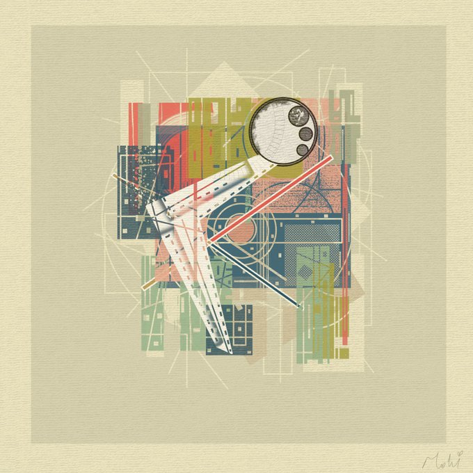 Abstract artistic illustration featuring a magnifying glass over a collage of geometric shapes, circuit-like patterns, and colorful rectangular elements in red, blue, green, and beige tones.