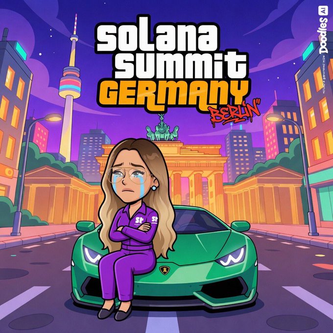 The image features a cartoon girl sitting next to a green Lamborghini sports car, with her arms crossed. The background shows a cityscape with buildings and a tower, suggesting that they are in Berlin. The caption of the image reads "GM and today is Solana Summit Germany Day for everyone in Berlin! Won’t be there but I’m happy to see that our ecosystem have great people who’s really working hard to create events like this!".