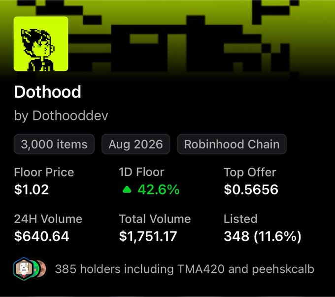 A digital asset page for 'Dothood' by Dothooddev on the Robinhood Chain, showing 3,000 items from Aug 2026, a floor price of $1.02, a 1D floor increase of 42.6%, and 385 holders.