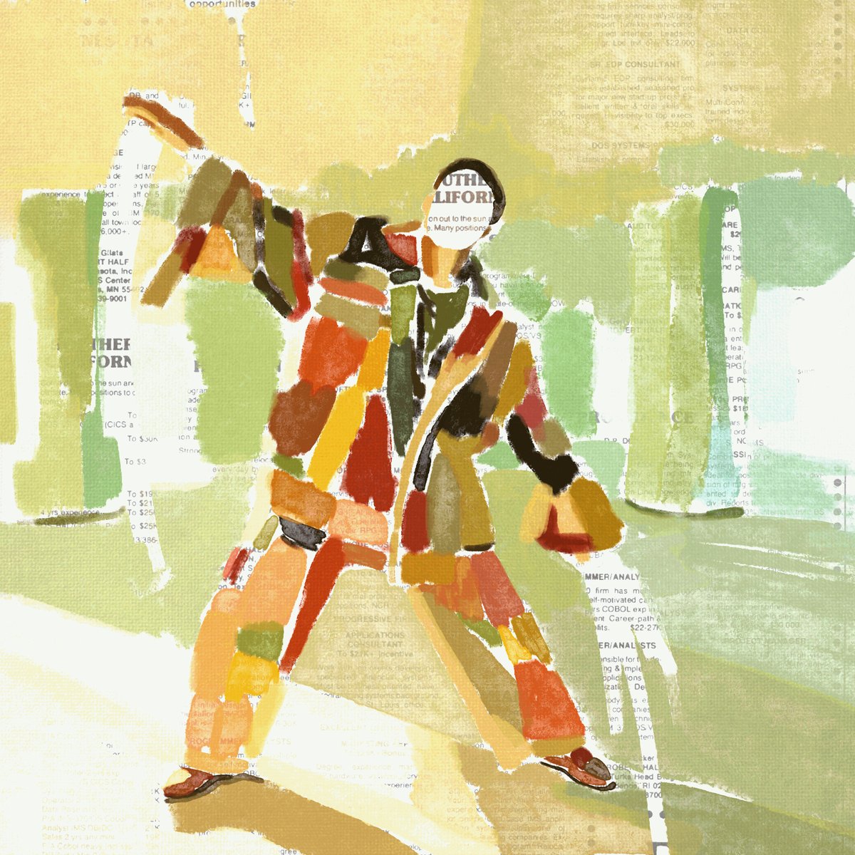 The image features a painting of a person wearing an orange jacket with patches, standing against a green background that includes trees and buildings. The painting has been edited to include text from a post about "gm the last shadebender open edition - ends 4 days 0.02 Ξ".
