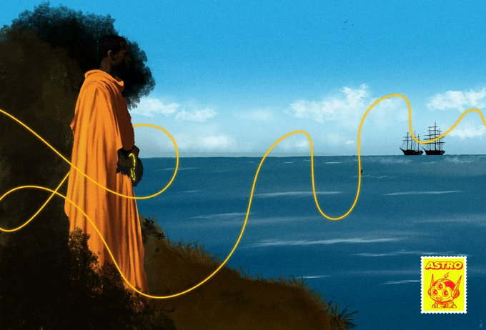 An artistic collage featuring a person in an orange robe on a cliff overlooking the ocean, connected by a yellow rope to a ship in the distance, with an 'ASTRO' stamp in the bottom right corner.
