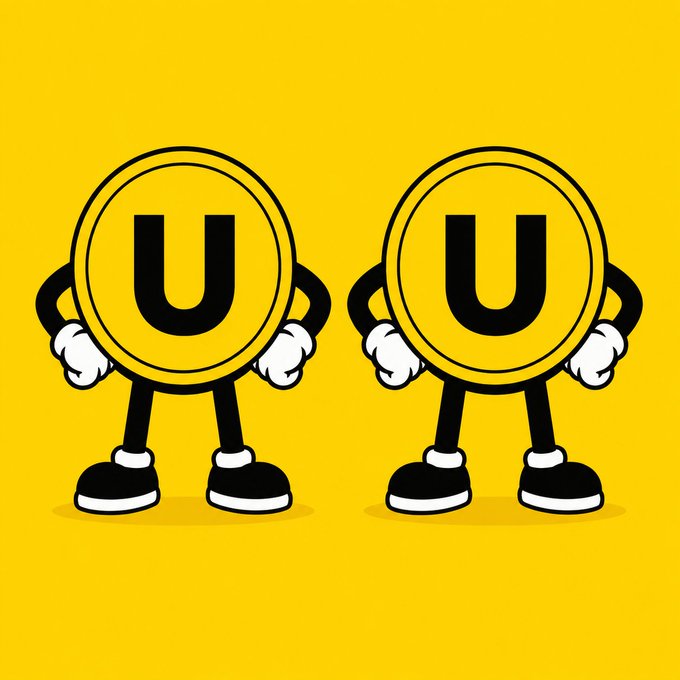 Two cartoon coin characters with the letter 'U' on a bright yellow background, standing with arms on their hips.