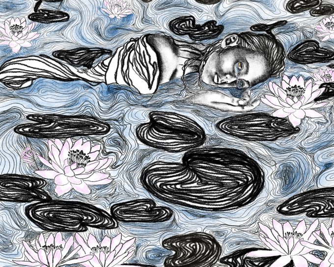 A black and white illustration with blue watercolor accents depicts a reclining woman floating among swirling water patterns and pink lotus flowers.