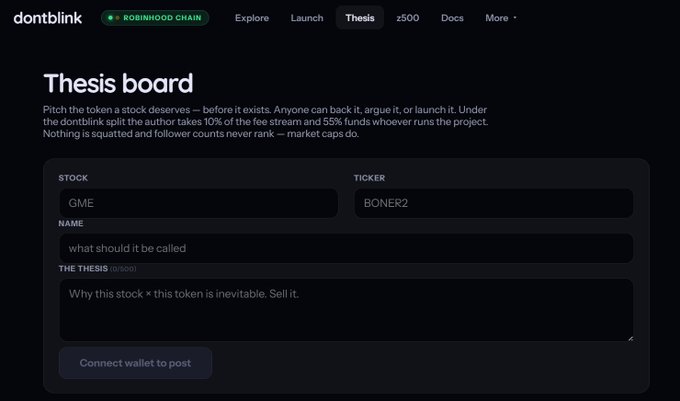 The image shows the "Thesis board" interface on dontblink (Robinhood Chain), where users can pitch token ideas by filling in fields like STOCK (GME), TICKER (BONER2), NAME, and a thesis statement beginning "Why this stock *sh*t token is inevitable. Sell it," before posting via "Connect wallet to post." The screenshot illustrates the platform's vision for a permissionless, AI-editable token launch system described in the accompanying post, emphasizing that thesis angles can be created by anyone and launched by whoever runs the project.