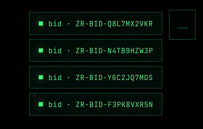 Four green bid codes are displayed in a list format: ZR-BID-Q8L7MX2VKR, ZR-BID-N4TB9HZW3P, ZR-BID-Y6C2JQ7MDS, and ZR-BID-F3PK8VXR5N. The image illustrates the step from the post where users must locate and copy their unique Bid Code from the Zilkr platform to address the shielded address login issue.