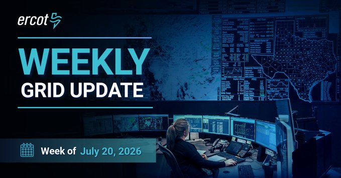 The image shows an ERCOT Weekly Grid Update graphic for the week of July 20, 2026, featuring a control room operator monitoring screens with a map of Texas in the background. It relates to the post by highlighting ERCOT's role in achieving a record 90 GW milestone, underscoring Texas's status as a leader in energy abundance.