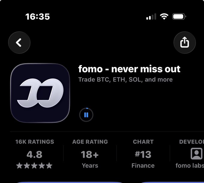 An App Store listing for 'fomo - never miss out' with the tagline 'Trade BTC, ETH, SOL, and more', showing a 4.8 rating with 16K ratings, age rating 18+, and developed by fomo labs.