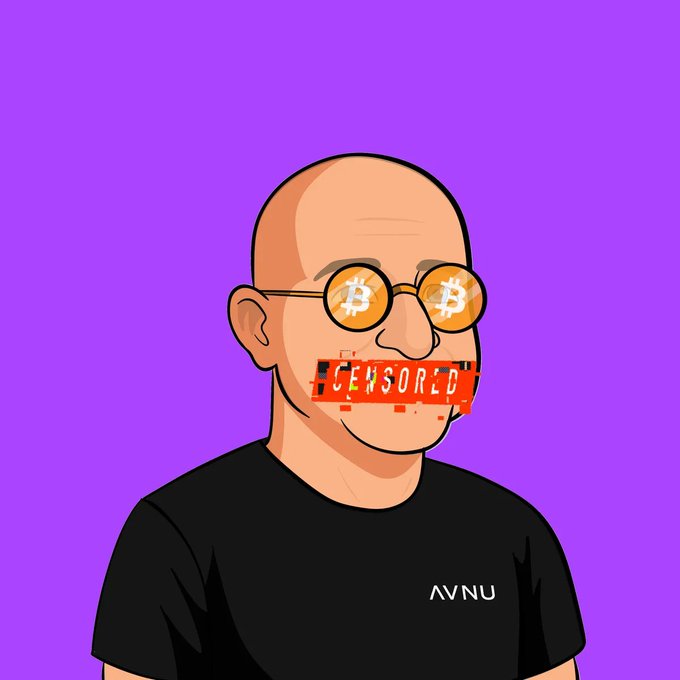 Digital illustration of a bald cartoon character wearing Bitcoin-themed sunglasses and a black AVNU t-shirt, with a red "CENSORED" glitch effect over the mouth area, set against a purple background.