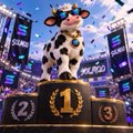 A cow mascot wearing a sunflower headband stands on a victory podium labeled 1, 2, 3 at a racing event.