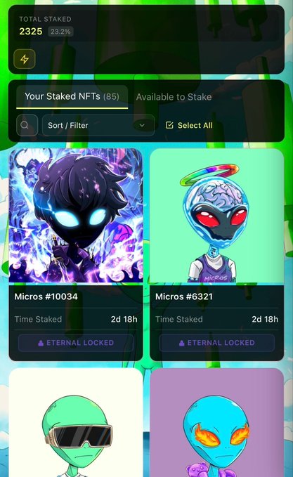 A mobile app screenshot showing a 'Total Staked' amount of 2325. Below are NFT cards labeled 'Micros #10034' and 'Micros #6321', both showing 'ETERNAL LOCKED' status.