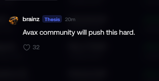 A screenshot of a tweet from user "brainz" (@Thesi5) posted 20 minutes ago reads "Avax community will push this hard" with 32 likes. The accompanying post criticizes this claim, arguing the AVAX community wouldn't promote a random cat meme unrelated to AVAX and warning that such promotion by Solana KOLs typically results in a pump-and-dump scheme.