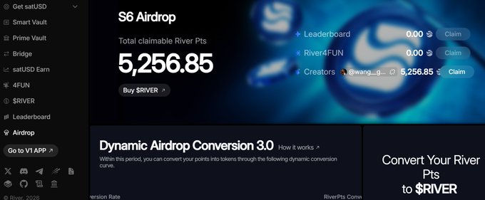 A screenshot of a cryptocurrency airdrop page for "S6 Airdrop" showing 5,256.85 total claimable River Pts, with a "Dynamic Airdrop Conversion 3.0" section and a Leaderboard claiming 0.00.