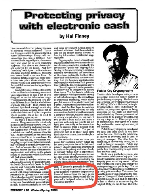 A Wall Street Journal article excerpt titled 'Keeping Your Privacy When Electronic Cash' by Hal Finney, dated Winter/Spring 1993, with a specific sentence about encryption technology highlighted by a red circle.