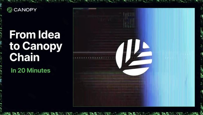 A promotional graphic for Canopy stating "From Idea to Canopy Chain - In 20 Minutes" with the company's leaf logo against a dark background framed by greenery.