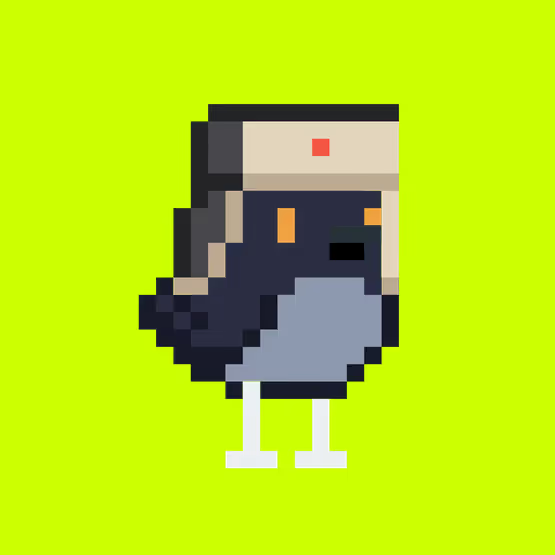 A pixel art character resembling a dark bird with a white "cap," orange eyes, and light blue legs stands against a bright green background, visually representing the Birdhood NFT collection mentioned in the post. The simple 8-bit style complements the playful tone of celebrating earning the Bird Rank 54 NFT to stake for $bird rewards.
