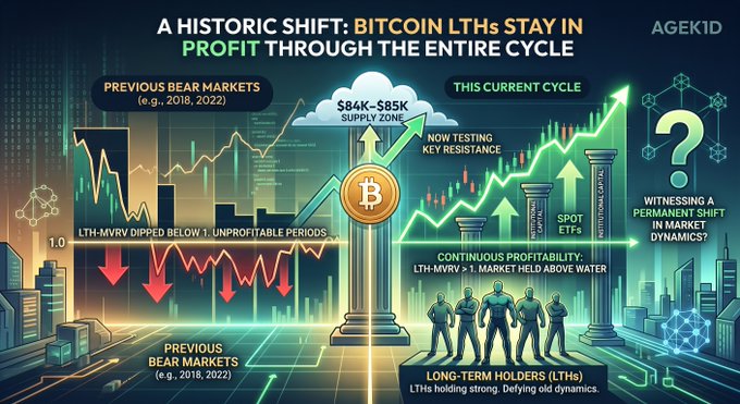 Bitcoin infographic titled 'A Historic Shift: Bitcoin LTHs Stay in Profit Through the Entire Cycle' comparing previous bear markets with the current cycle showing $84K-$85K supply zone.
