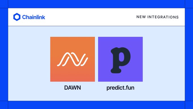 The image is a Chainlink announcement graphic titled "NEW INTEGRATIONS" featuring logos for DAWN (orange square) and predict.fun (purple square), visually representing the partnership where Chainlink's oracles and Data Streams power real-world asset reserve verification and 15-minute prediction markets on U.S. equities.
