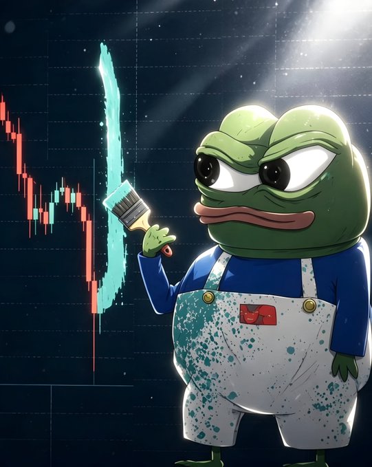 A cartoon Pepe the Frog character dressed in painter's overalls holding a brush, standing in front of a candlestick chart showing a declining red trend.