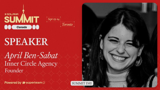 Promotional graphic for 'The Solana Summit Canada' (Sept 23-24, Toronto) announcing speaker April Ben-Sabat, Founder of Inner Circle Agency.