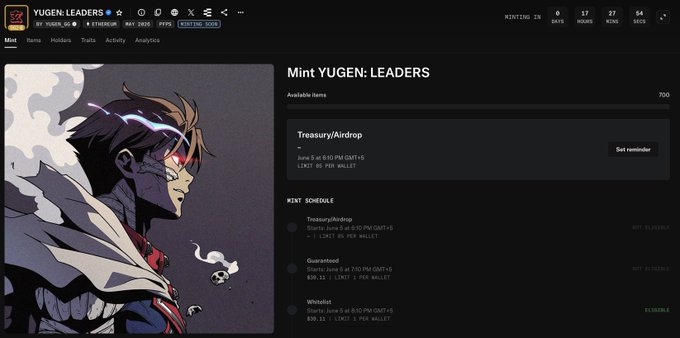 The image features a screenshot of a page from the website Mint Yugen Leaders, with details about a leader named Mint Yugen. The text on the screen indicates that this leader's name was posted recently. The post is titled "5 June is here. @yugen_gg Mint day." and appears to be related to mints or a leader named Mint Yugen in some way. The website description also states that Mint Yugen has already completed over 1000 wallets, and a total of 14 days have passed since the leader's name was posted. This implies that Mint Yugen is actively engaged in their duties and responsibilities for the time being.