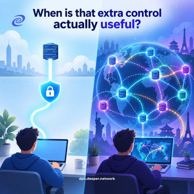 A graphic illustration with text reading 'When is that extra control actually useful?' and 'dpn.deeper.network' shows a person at a laptop connecting to a global network of database servers.