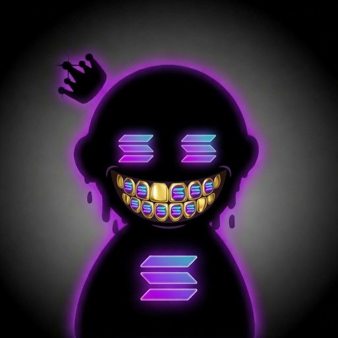 A digital illustration of a glowing black figure with neon purple and blue arrow-shaped eyes and a gold-capped, rainbow-lit smile, with a small silhouetted hand hovering in the upper left.