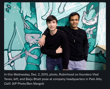 Robinhood co-founders Vlad Tenev and Baiju Bhatt pose together at the company's headquarters in Palo Alto, California, on December 2, 2015.