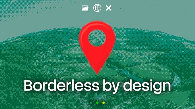 A webpage header featuring a red location pin over a stylized green cityscape background with the text 'Borderless by design'.