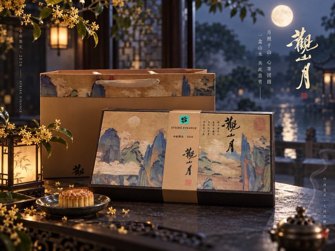 An elegant mooncake gift box from Strike Finance (中秋献礼 · 2026) features traditional Chinese landscape artwork under a moonlit sky, displayed with osmanthus blossoms and a mooncake on a plate.