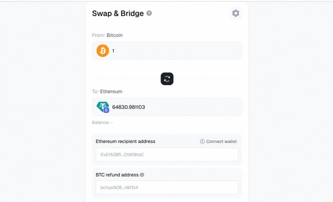 The image shows a Symbiosis Swap & Bridge interface with a swap of 1 Bitcoin (BTC) to 64,830.981103 Tether (USDT) on Ethereum, displaying fields for Ethereum recipient and BTC refund addresses. This visually represents the example given in the caption, demonstrating how Symbiosis enables a fully decentralized BTC-to-Ethereum cross-chain swap.