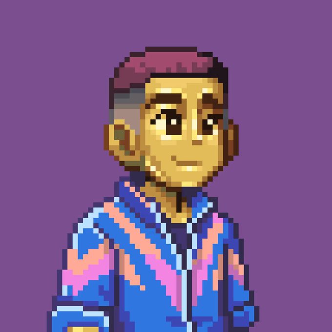 A pixel art portrait of a young person with a magenta headband wearing a blue, pink, and orange striped jacket against a purple background. The image appears to be a profile picture or avatar associated with the @PixonaOrg handle mentioned in the post.