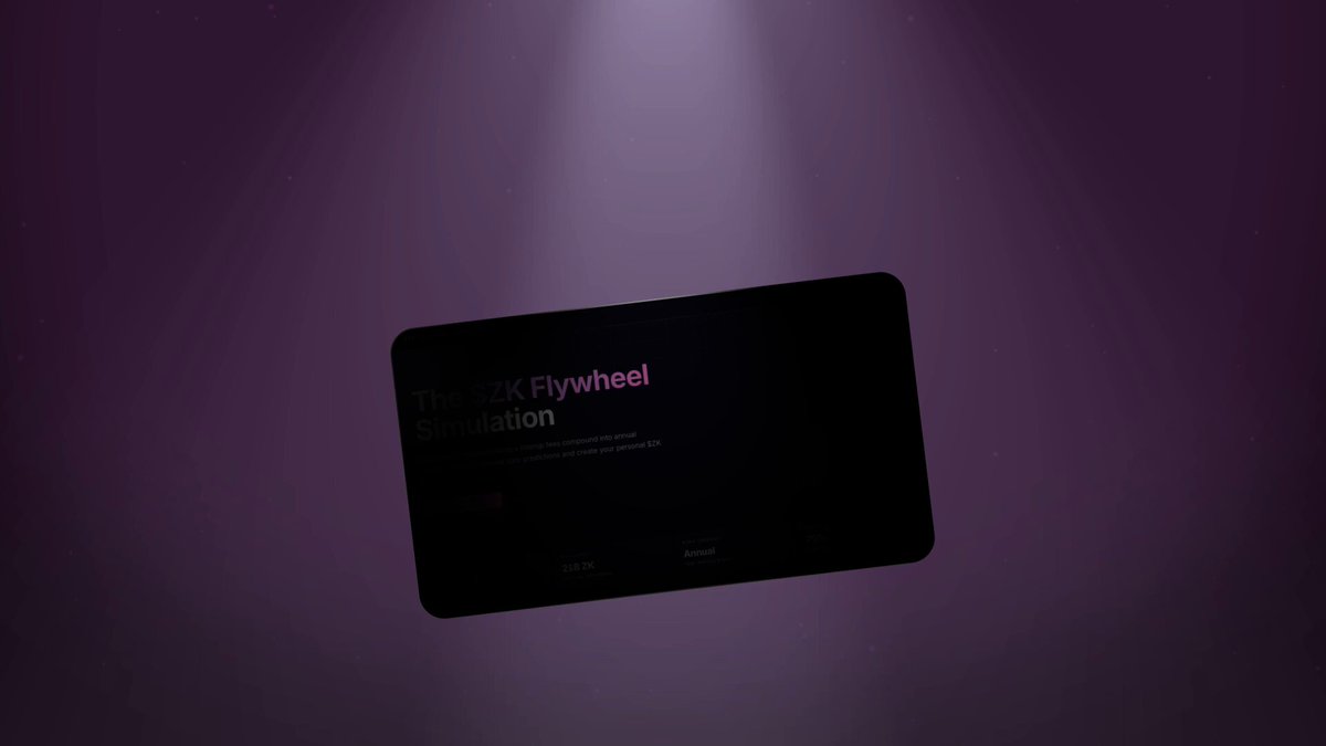 The image shows a small black square with purple text that says "The Flywheel" positioned centrally under a spotlight of purple light. Below this, there's a pink background and white text that reads "Re-Introducing: The $ZK Flywheel Simulator Play around with the metrics as you imagine." This description highlights an innovative simulating tool or game called "Flywheel." It also mentions that the creator is offering the simulated Flywheel for free to the public, encouraging people to engage in this play.