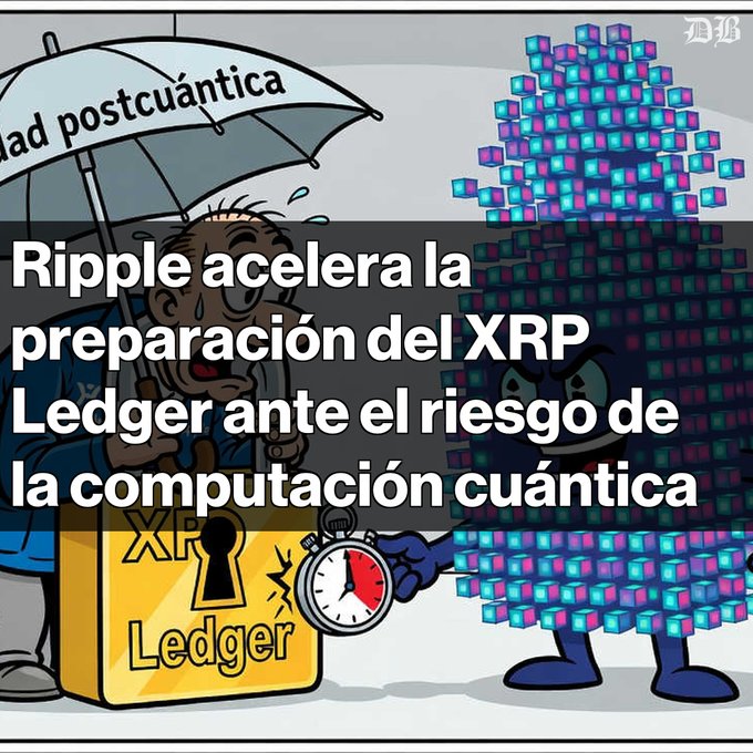 A cartoon illustration with Spanish text reading 'Ripple acelera la preparación del XRP Ledger ante el riesgo de la computación cuántica', showing a concerned man next to a pyramid of cubes labeled 'MB' and an umbrella reading 'poscuántica'.