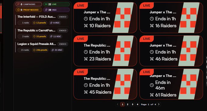 A dashboard showing various 'LIVE' digital campaigns and raids, including 'Jumper x The...' and 'The Republic x CarrotFun...', with countdown timers and participant counts.