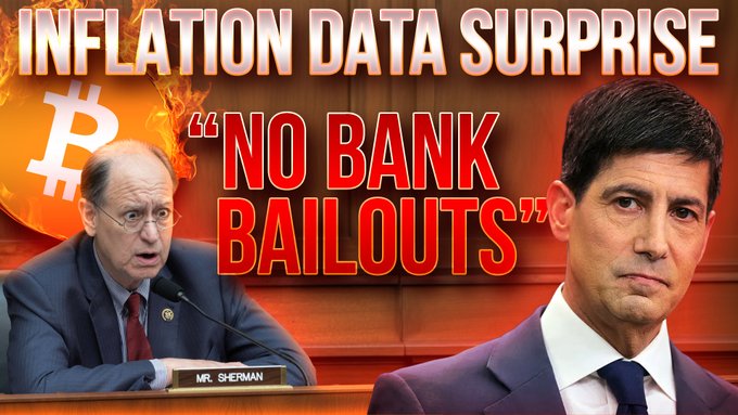 This image features the text "INFLATION DATA SURPRISE" and the quote "NO BANK BAILOUTS", set against a backdrop of a Bitcoin symbol engulfed in flames. It visually represents the post's discussion about how inflation data may be influencing the "altcoin season" for cryptocurrencies like $BTC, $ETH, and $SOL.