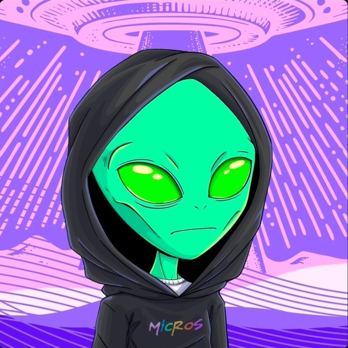 A cartoonish green-skinned alien in a black hoodie with "Micros" written across the chest stands beneath a UFO against a purple sky, visually embodying the post's statement about NFTs as personal identity—specifically the alien half of "I identify as an Alien."
