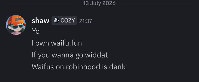 A screenshot of a Discord message from user "shaw" dated 13 July 2026 at 21:37, where shaw claims to own waifu.fun and invites the recipient to join, noting "Waifus on robinhood is dank"—aligning with the post announcing shaw's offer involving waifu.fun and Robinhood.