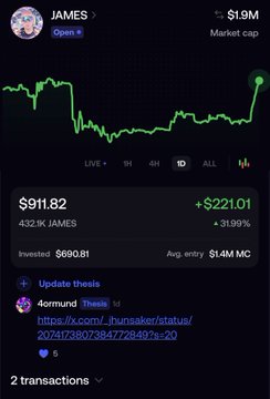 A mobile app screenshot showing the ticker 'JAMES' at $911.82 with a +31.9% gain and +$221.01, noting a $1.9M market cap, 432.1K shares, and a $690.81 investment.