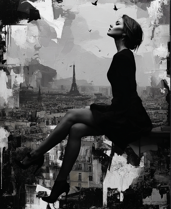 A black and white artistic collage featuring a woman in a black dress sitting elegantly with a Parisian cityscape including the Eiffel Tower in the background.
