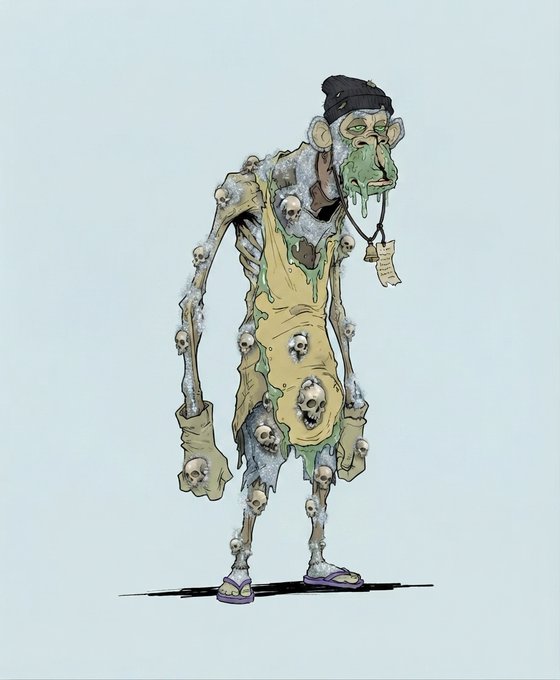 A digital illustration depicts an emaciated, zombie-like figure wearing a beanie and a yellow dress covered in skulls, with green drool dripping from its mouth and a tag hanging from its neck.