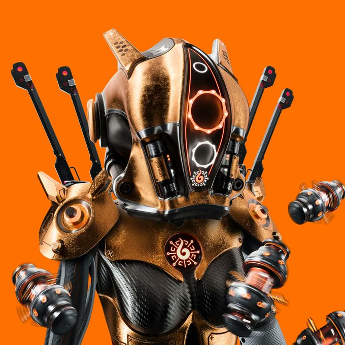 A gold and black armored robot with glowing orange accents and antenna-like protrusions stands against an orange background, visually evoking the "cyb" NFT collection referenced in the post about the battle between utilitarian and non-utilitarian digital art on OpenSea.