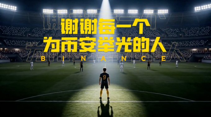 A soccer stadium scene with a spotlight on player number 9, overlaid with yellow Chinese text '谢谢每一个为币安举光的人' (Thank you to everyone who shines for Binance) and the Binance logo.