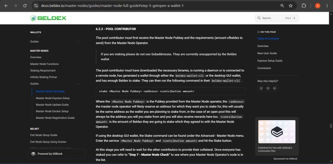 A screenshot of a Beldex documentation webpage titled '6.2.2 - POOL CONTRIBUTOR' detailing the requirements and steps for running a daemon on the Beldex masternode network.
